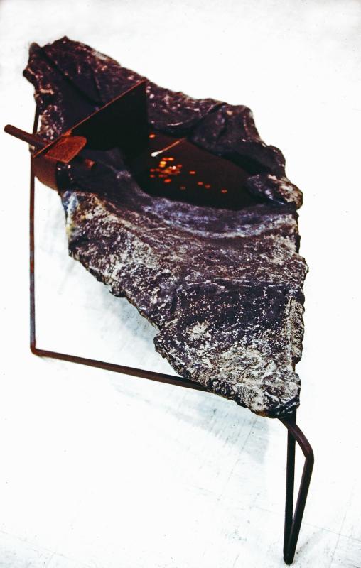 "Bird Bath" - 25" x 37" x 98". Corten, stainless & mild steel, concrete. water. 1987 Sculpture no longer in existence.