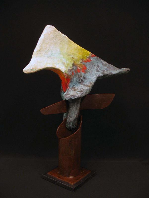 "Traveler II" - 29.5" x 20" x 11.75" Welded steel. Portland concrete products, paint & clear sealer, wooden base. 2020. Private Collecttion - Reston, VA