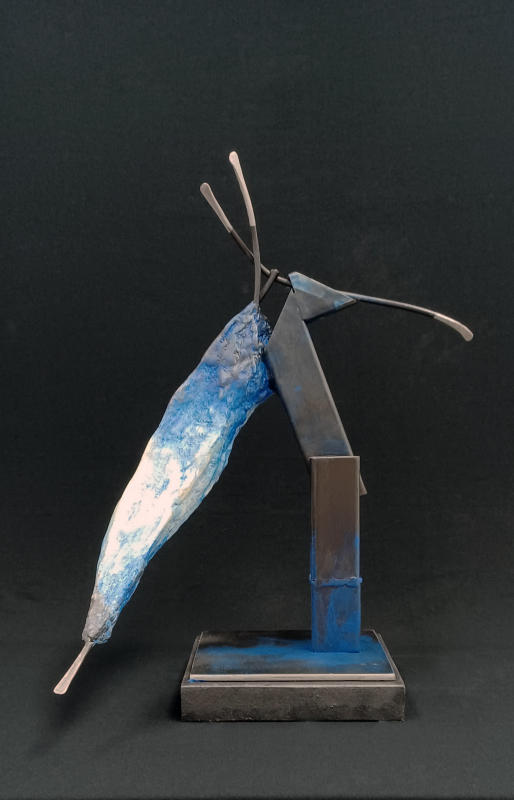 "3B IV"  ( Blue Boundary Buster IV) - Steel, Portland concrete products, wood,  paint, clear sealer. 20.75" x 17" x 11.75", 2022. A4P