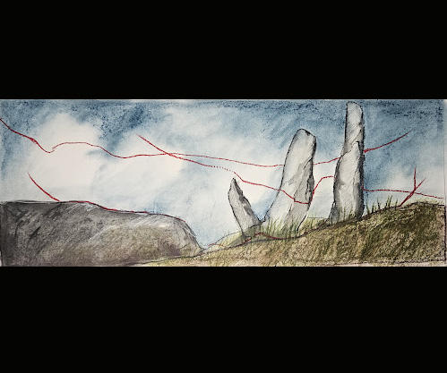 Redline XXXII - Image size 12" x 32" Mixed media on rag paper.2025  A4P